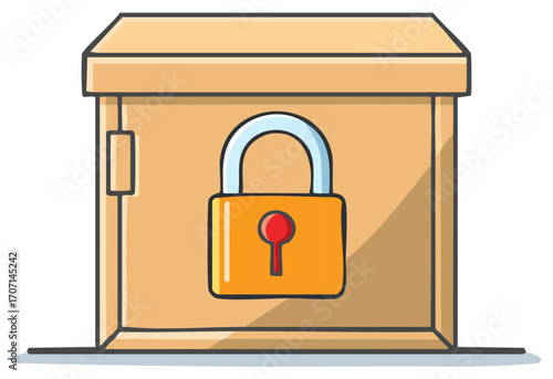 Cartoon illustration of a closed box with a golden padlock. Security concept.