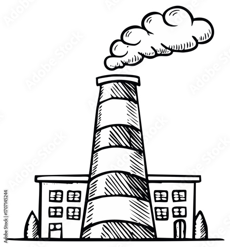 Hand Drawn Industrial Factory Building Emitting Smoke from Chimney Environmental Pollution