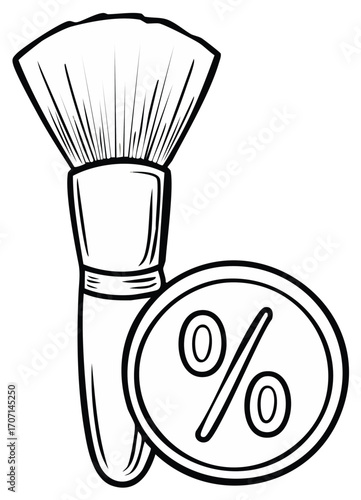 Black and White Outline: Makeup Brush with Percentage Sign Coin Illustration