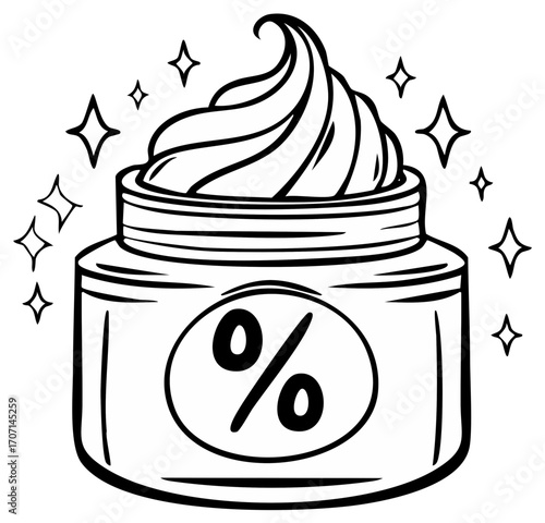 Line art of a Cream Jar with a Discount, Surrounded by Sparkling Star Shapes