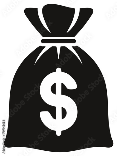 Black silhouette of a money bag with a dollar sign for finance and wealth concepts