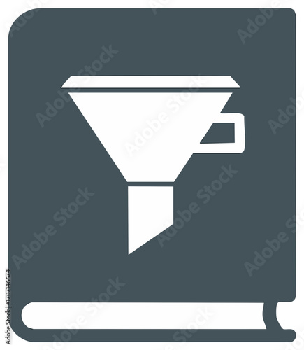 Book and funnel vector icon for information filtering, data organization, and knowledge refinement.