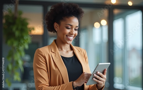 Successful smiling latin hispanic young woman using pad computer for business app. Busy executive CEO businesswoman professional holding digital tablet pc device for work in modern office workplace.