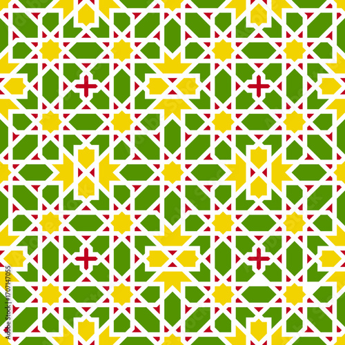 Geometric Islamic Tilework Ornament in Green and Yellow