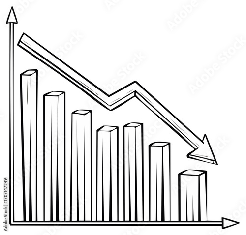 Downward trend graph with decreasing bar chart and arrow illustration.