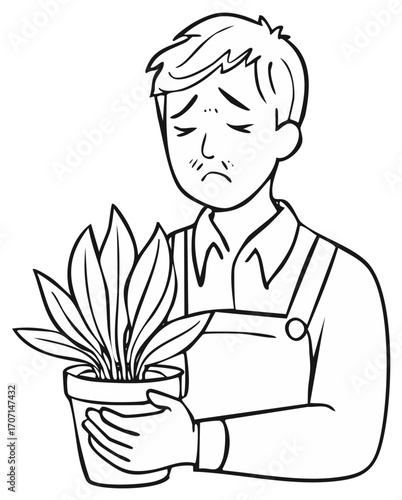 Sad Person Holding Potted Plant Line Art Character with Overalls and Shirt