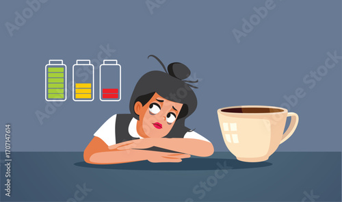 Woman Drinking Huge Coffee Lacking Energy Vector Cartoon. Stressed lady feeling unhappy and overwhelmed from lack of sleep
