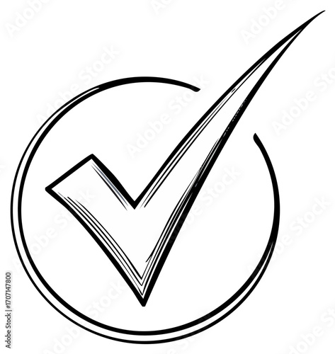 Hand Drawn Check Mark in Circle Outline Confirmation Verification Validation Approval Symbol Ink Sketch Style
