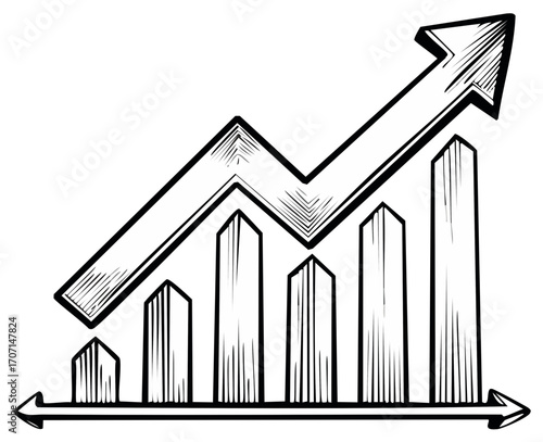 Hand drawn rising bar chart with a growth arrow indicating success and progress