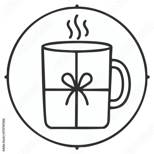 Steaming hot drink mug wrapped as a gift with a ribbon bow line art icon