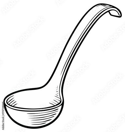 Simple line drawing of a ladle with a curved handle and deep bowl for serving soup or sauces