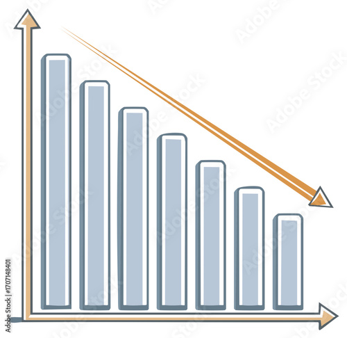 Vector illustration of a decreasing bar chart with a downward trend arrow showing financial loss or recession