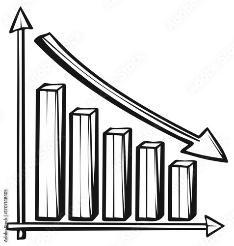 Hand Drawn Decreasing Bar Chart with Downward Arrow Illustration