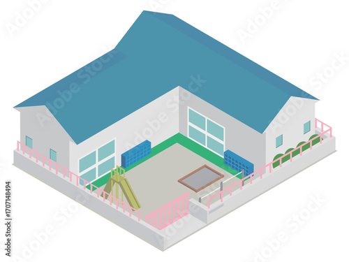 アイソメトリックな保育園の建物をイメージした素材