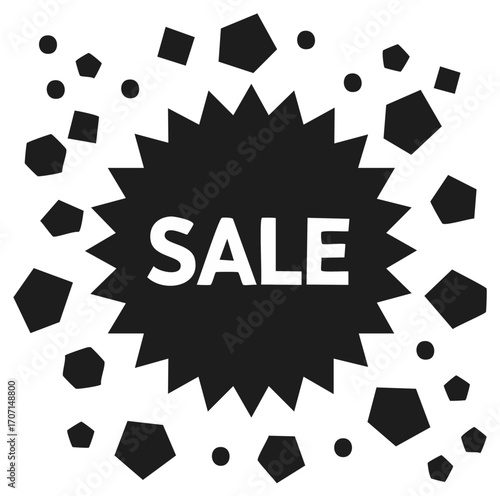 Explosive burst sale announcement with geometric shapes and text