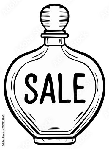 Sale bottle illustration, stylized doodle design, decorative perfume design element.
