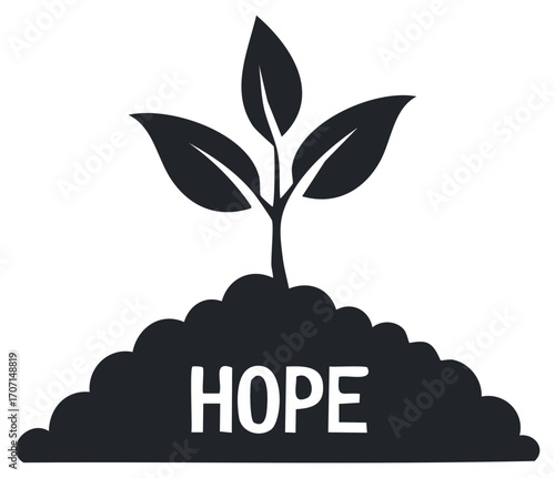 Sprout growing from soil with the message HOPE, symbolizing new beginnings
