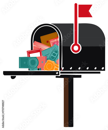 Full Mailbox with Red Flag and Various Contents