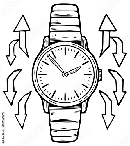 Doodle Style Wristwatch with Downward and Upward Arrows Indicating Clockwise and Counterclockwise Movements