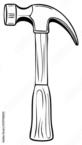 Illustration of a claw hammer with a wooden handle and metal head, simple graphic art