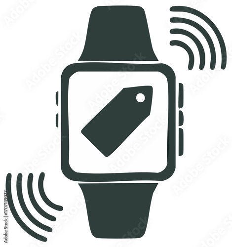 Smartwatch displaying a sale tag icon with signal waves emanating for online shopping or promotion.
