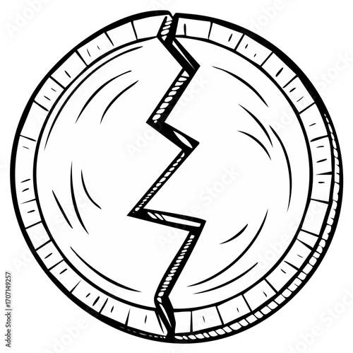 Broken coin graphic illustration in black and white. Symbolic of division, loss, or separation.