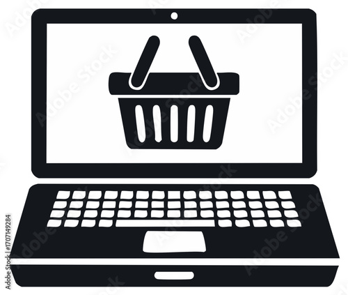 Online shopping concept with a shopping basket icon on a laptop screen vector illustration