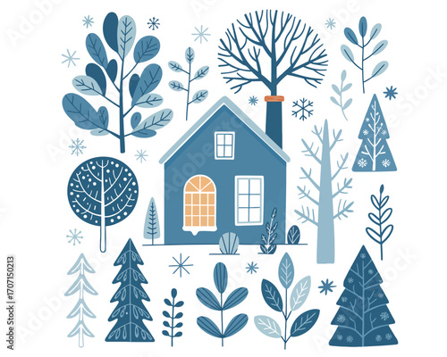 Winter Houses and Forest Doodle Set,  Fir Trees, Leaves, Seasonal Woodland Elements for Wrapping Paper, Wallpaper, Textile, Fabric Design, Holiday Illustrations, Snowy Landscape Vector Artwork