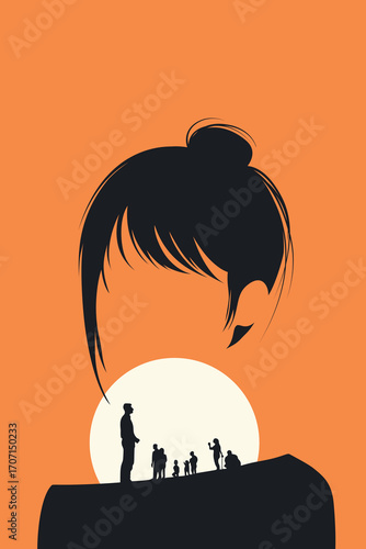Silhouette of a woman’s head with family figures – psychology, childhood and inner world concept illustration