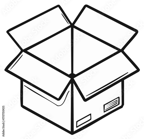 Hand-drawn line art illustration of an open cardboard box with flaps extended.
