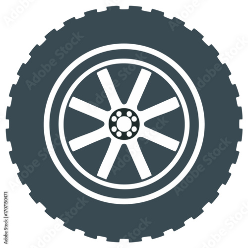 Off-Road Tire with Thick Tread and White Wheel Spokes, Automotive Component
