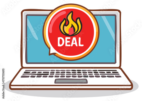 Laptop with Hot Deal Offer, Fire Symbol and Speech Bubble Design, E-commerce Promotion and Marketing