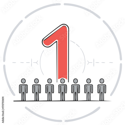 Prominent red number one icon standing above a line of stylized people figures representing first choice and leadership