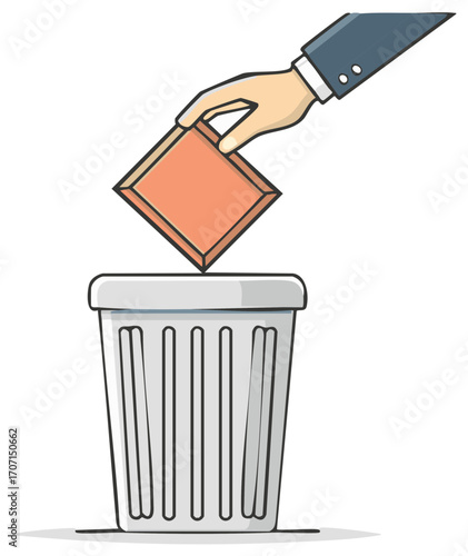 Hand in suit discarding orange square into trash can