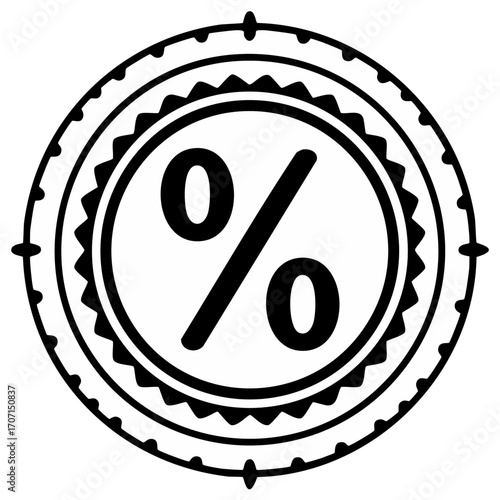 Circular emblem with a prominent percentage symbol in the center, symbolizing discounts and financial concepts.