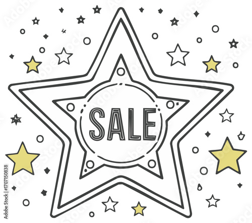 Drawn Star with SALE text and scattered festive stars and circles for promotional events