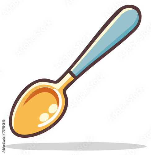 Stylized cartoon spoon with a golden bowl and light blue handle casting a shadow