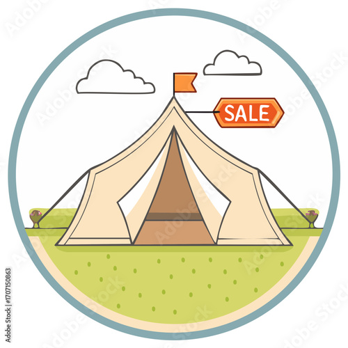 Camping tent with sale sign, grass and clouds illustration, outdoors concept, advertising theme.