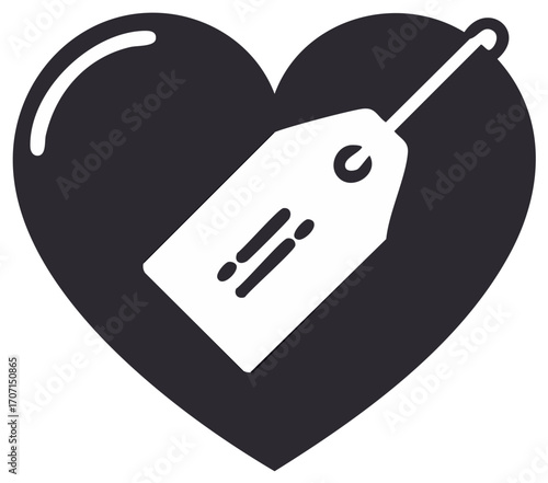 Heart with a white tag attached by a loop, symbolizing love and shopping