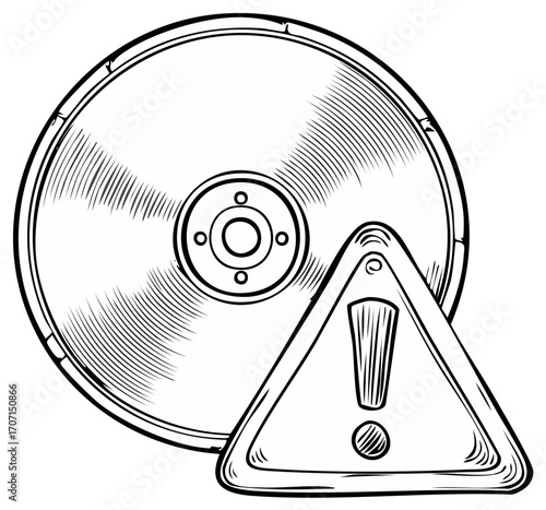 Ink drawing of a data storage device and caution sign symbol in black and white