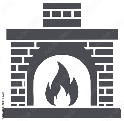 Cozy home fireplace glyph icon with burning fire. Simple brick hearth and chimney silhouette.