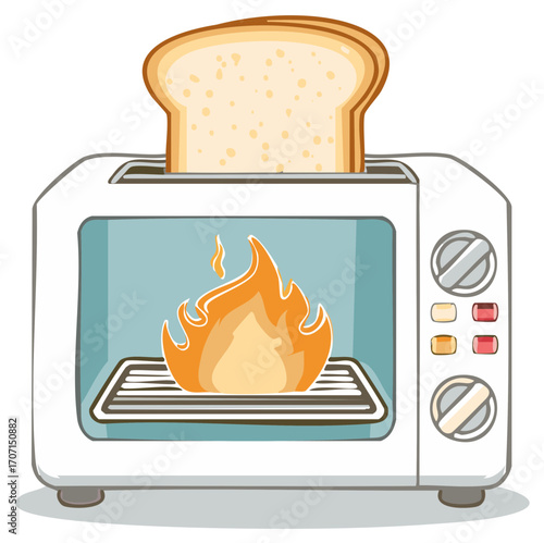 Illustration of a toaster with a slice of bread and flames inside, symbolizing an electrical hazard