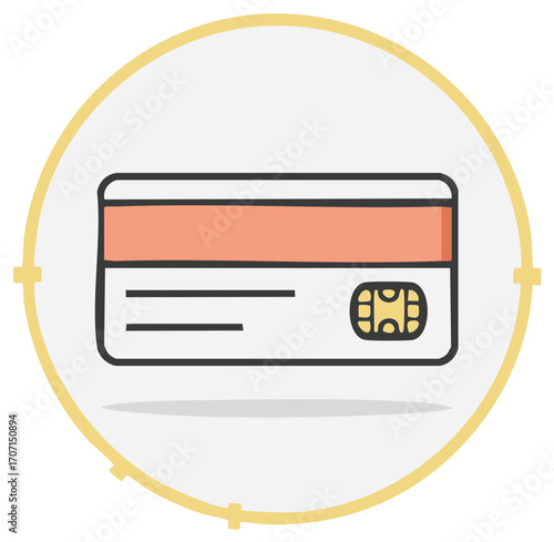 Colorful cartoon credit card icon with security chip for mobile banking and financial services