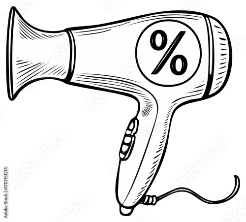 Hand-drawn Hair Dryer with Percentage Sign for Promotions, Sales, Black Friday Deals