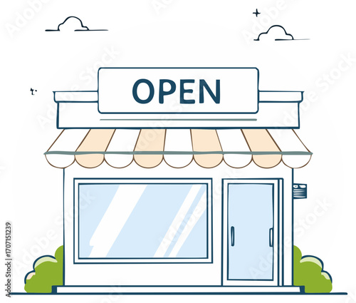 Illustration of a business storefront with open sign and awning