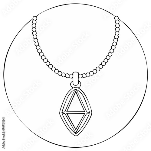 Outline of a necklace with a geometric, teardrop pendant in a circle frame