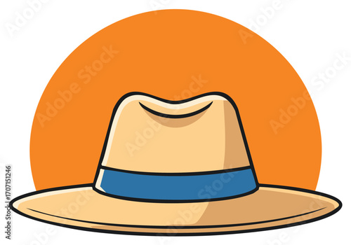 Cartoon illustration of a hat with a blue ribbon over orange backdrop