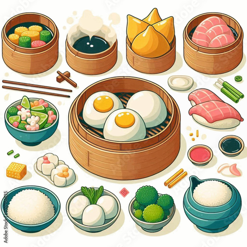 Dim sum spread features dumplings sauces rice greens and chopsticks presented in a bright cartoonish style