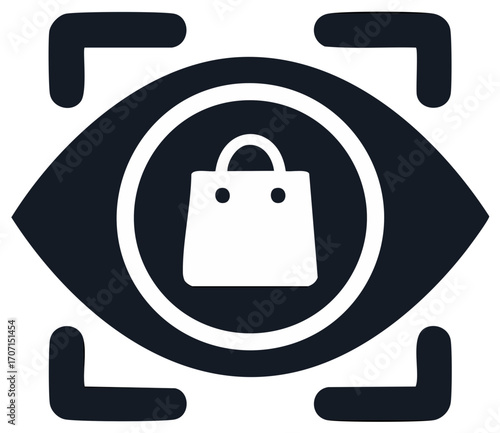 Eye icon with shopping bag and focus brackets symbolizing visual product search and online retail targeting