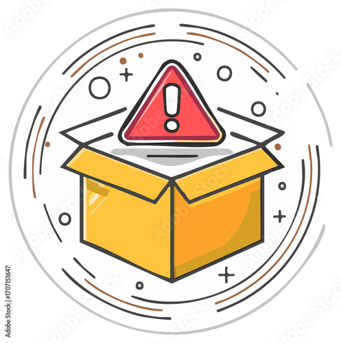 Package delivery error concept with an exclamation point warning sign
